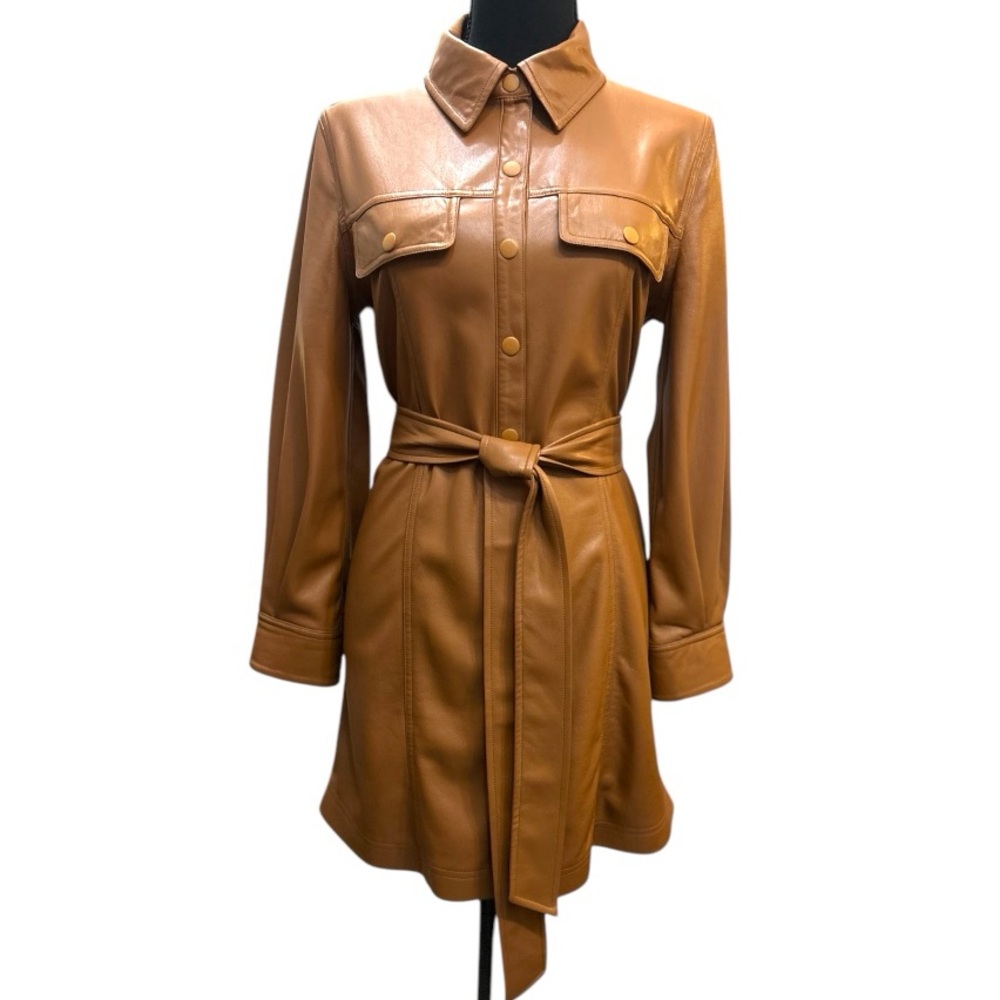 ALICE + OLIVIA “Miranda" vegan leather shirtdress camel brown fit & flare size 6